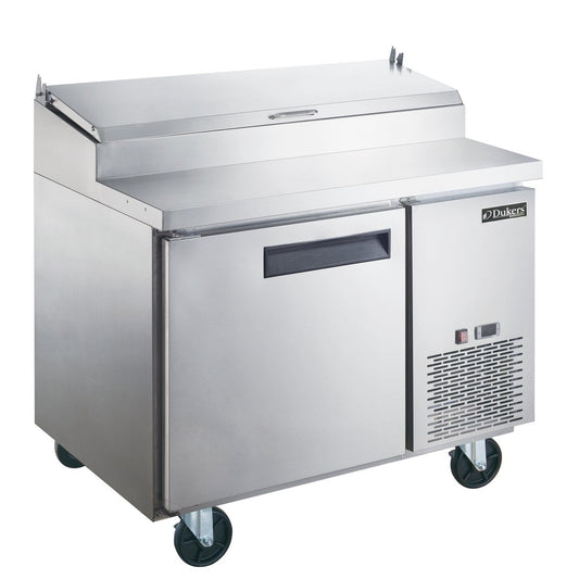 Single-door commercial pizza prep table with refrigerated base